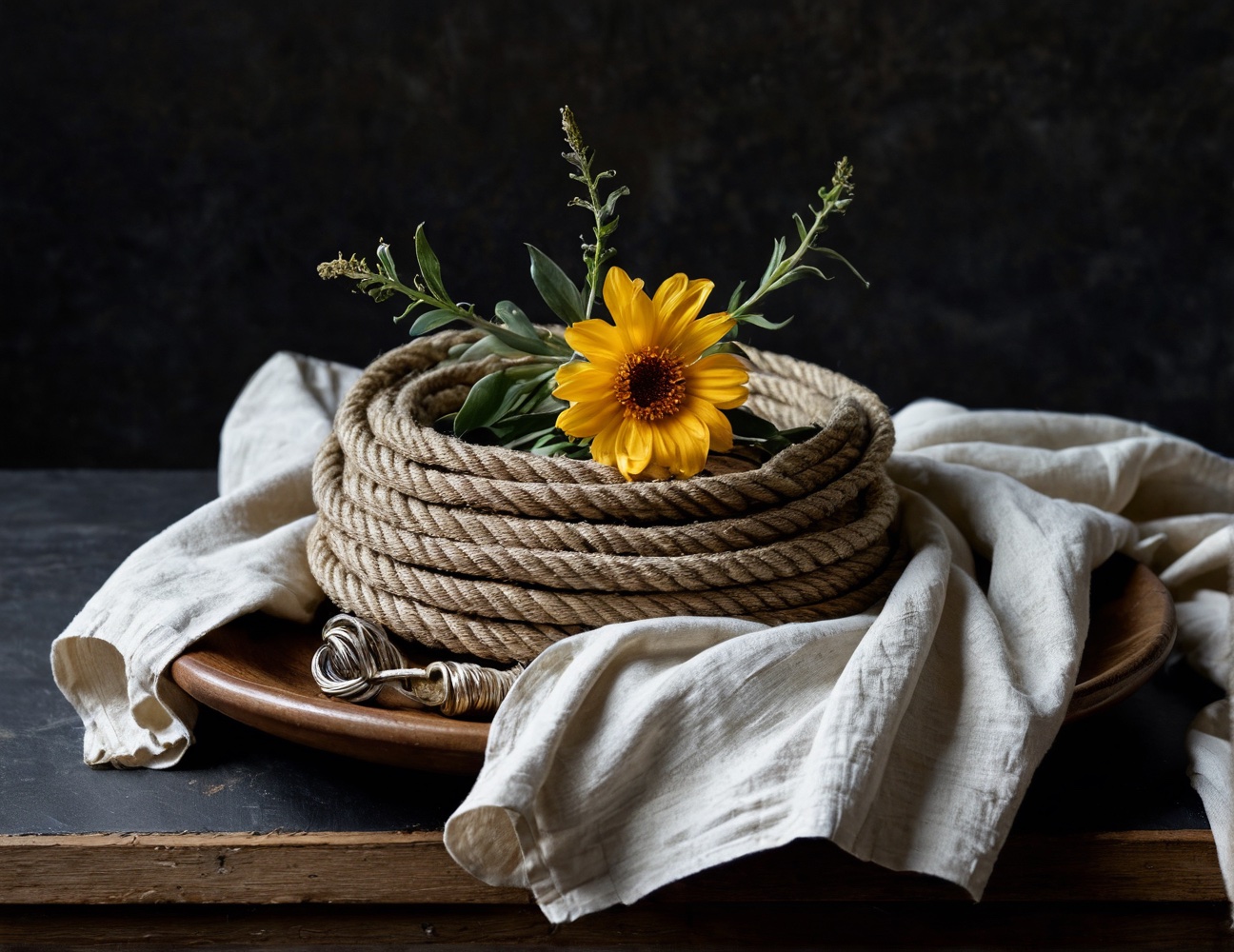 Coiled rope on linen, Digital study after oil on canvas, Dutch tabletop manner
