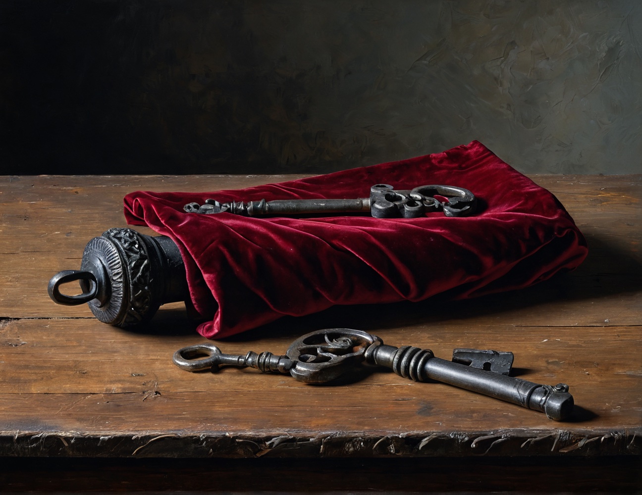 Keys on velvet, Digital study after oil on panel, Spanish still life manner