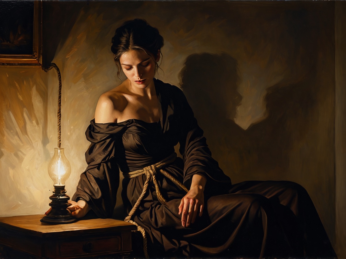 Single lamp. One lamp at the lower left gives the seated figure the light and leaves the standing figure a silhouette.