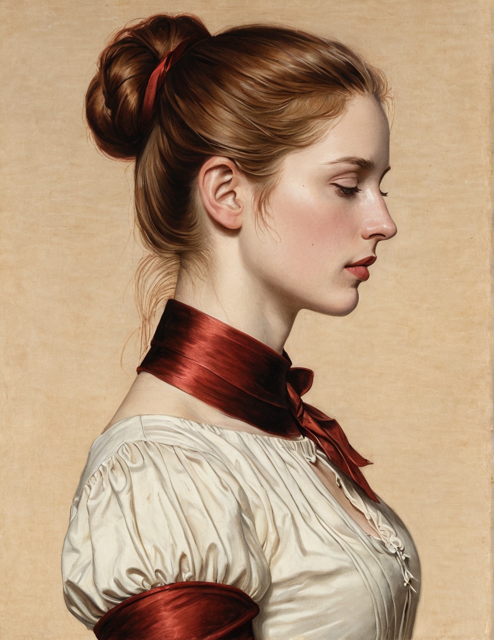 The band at the throat, Digital study after oil on panel, academic profile manner